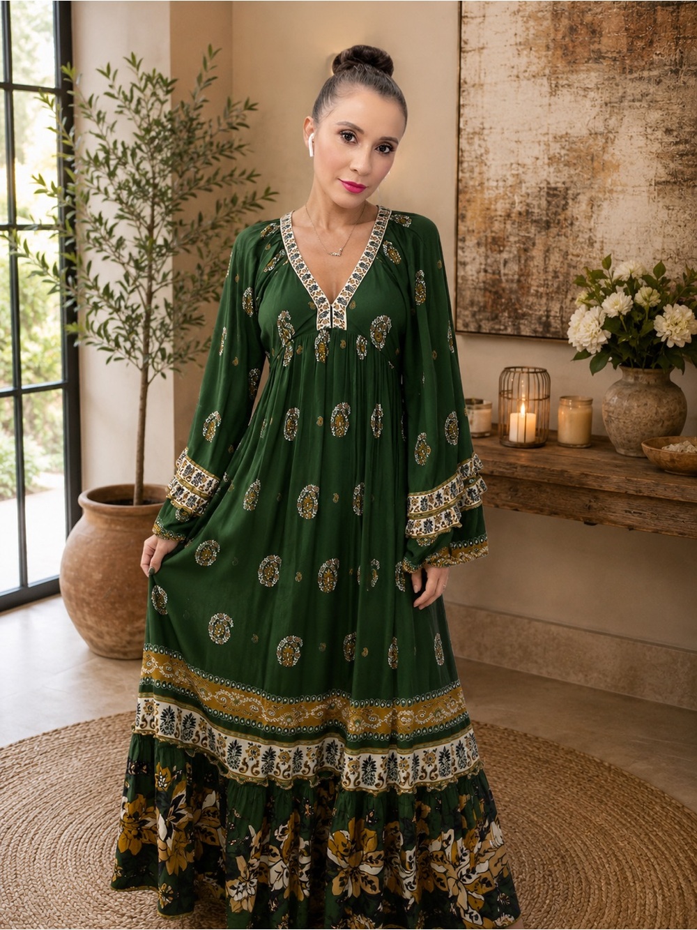 FARM Rio Emerald Green Maxi Dress with Gold and Cream Prints